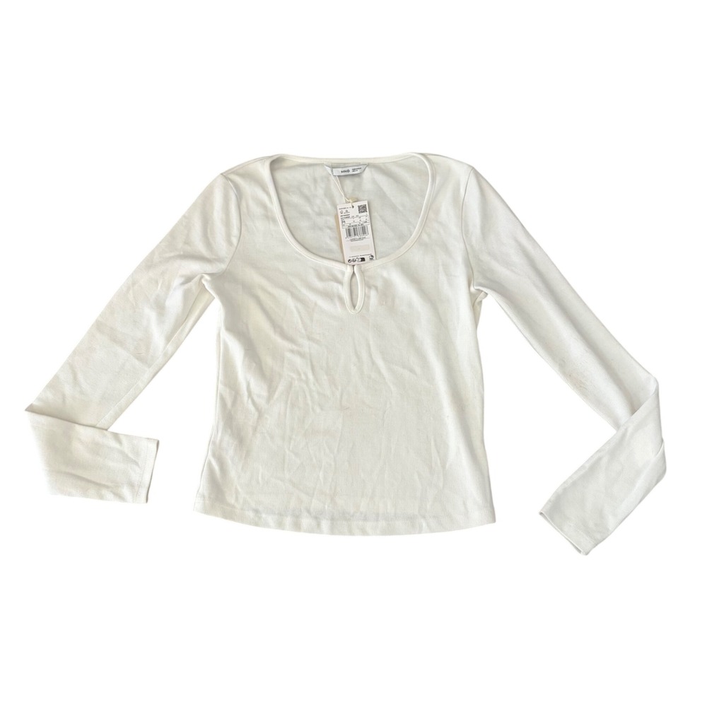 Mango Committed White Ribbed Long Sleeve Keyhole Top Size M 37005969
